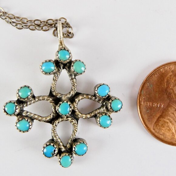 1" Auth ZUNI Cross Pendant Necklace Sterling Silver PETIT POINT Real TURQUOISE - Picture 3 of 8